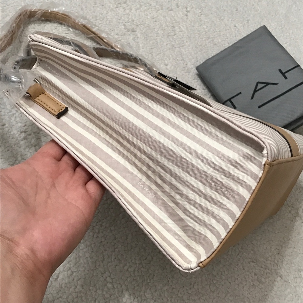 Tahari $149 MSRP Striped Satchel Bag + Dustbag Vegan Leather Cream - Picture 4 of 15